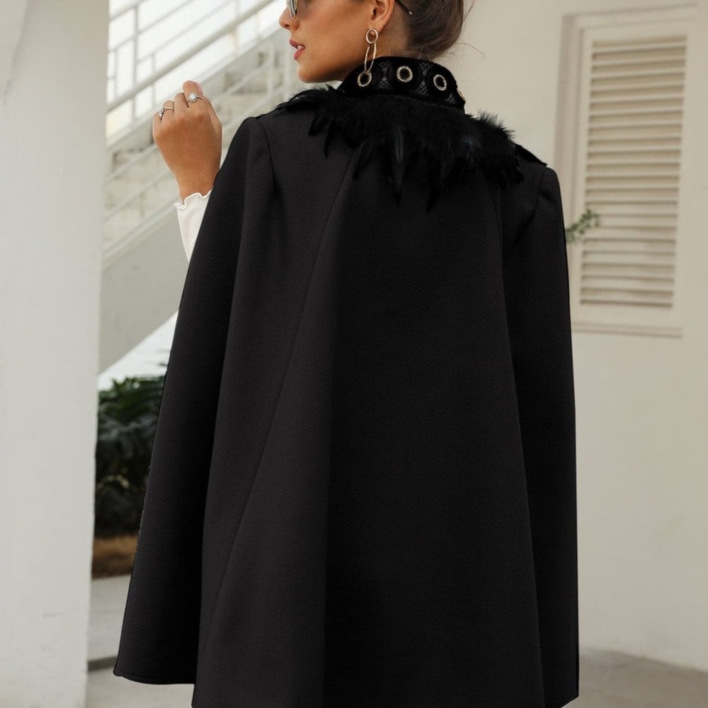 Boho Grey Feather Trim Cape Jacket Open Front - Picture 5 of 11